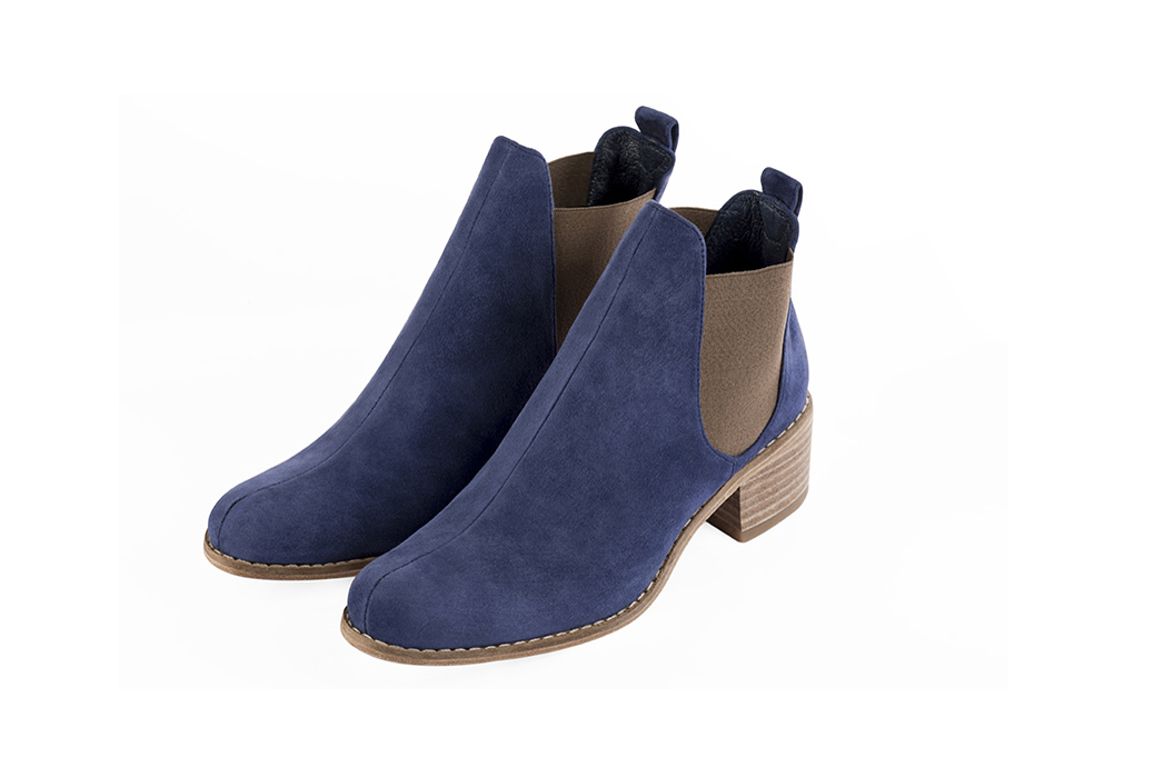 Prussian blue and taupe brown women's ankle boots, with elastics. Round toe. Low leather soles. Front view - Florence KOOIJMAN